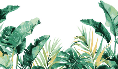 Watercolor frame featuring tropical hibiscus flowers and palm leaves on transparent background. Vector EPS 10