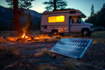 Eco-friendly portable solar panel charging during a serene camping evening with a cozy campfire and recreational vehicle in the background