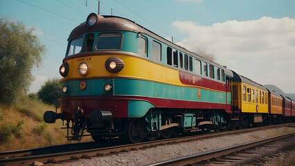 Obraz premium Vintage train locomotive moving on tracks