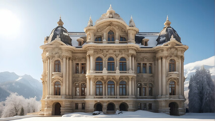 Obraz premium Majestic snowy manor against blue sky