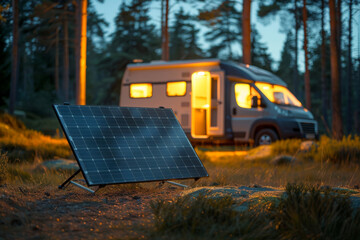 Portable solar panel standing in front of camper van with lights turned on for electricity supply, during a serene twilight hour in a forest camping setting