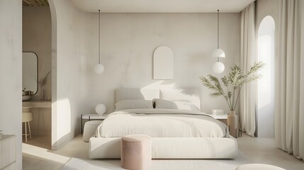 Fototapeta premium airy bedroom with minimalistic furniture and soft textures