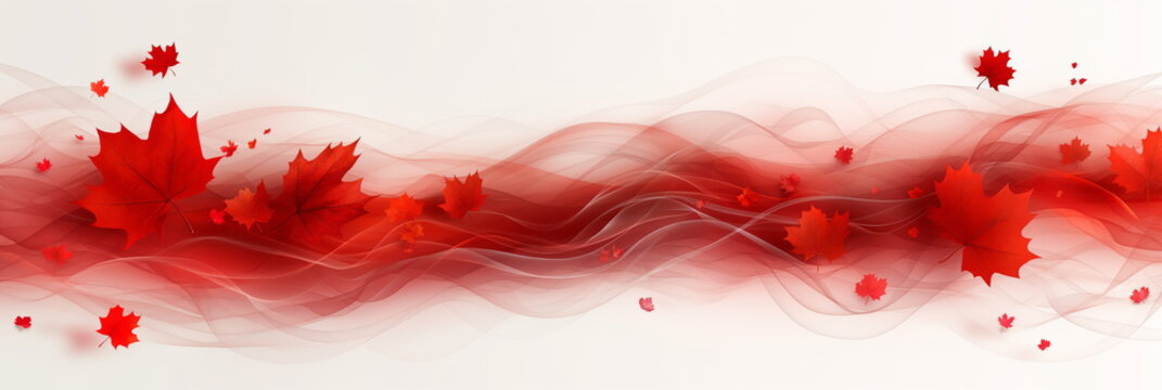 Elegant Flowing Waves and Maple Leaves in Red Abstract Background with copy space
