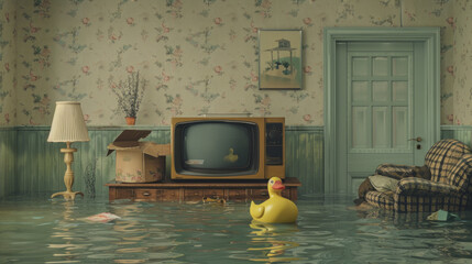 Living Room Flooded with Water Featuring a Floating Yellow Rubber Duck