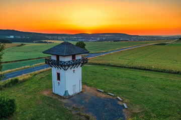 Replica of a Roman watchtower on the Limes beri Idstein/Germany at sunset