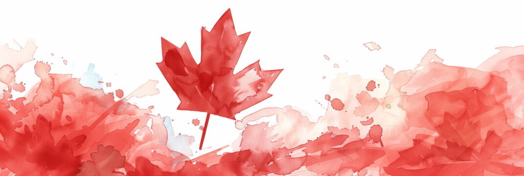 Vibrant Red Watercolor Splashes with Maple Leaf Background with copy space 