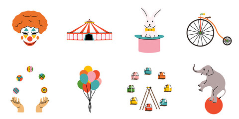PNG set of Circus elements in modern flat, line style. Hand drawn illustrations: clown mask, tent, rabbit in a hat, vintage bike, juggling hands, colorful balloons, attraction, elephant on the ball © DELstudio