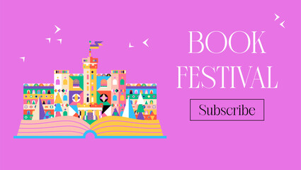 Book Festival Castle Banner. Vector Illustration of the Magical Fantasy Building with Open Book Promotion. Subscribe Button.