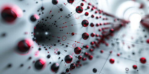 Abstract Network of Red and Black Nodes with Connecting Lines on a Light Background