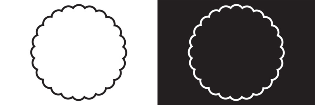 Scalloped circle shape and frame icon. Clipart image isolated on white and black background. Flower silhouette lace frame.