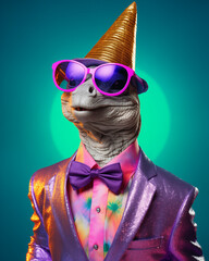 Anthropomorphic turtle dressed in vibrant party attire, including purple sunglasses and a gold cone hat, on teal iluminated background. Funny birthday card