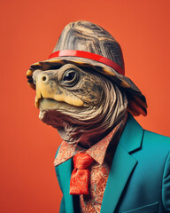A portrait of an anthropomorphic turtle wearing stylish hat and dressed in a teal suit with a red tie against an orange background in the style of surreal photography. Magazine cover, poster, 