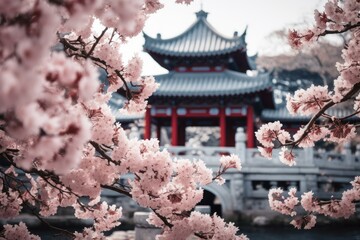 Naklejka premium Soft focus of cherry blossoms with an ancient asian temple in the background