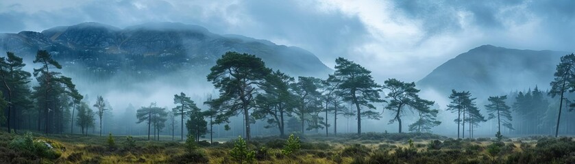 Obraz premium Panoramic landscape of a misty forest with mountains in the background. The image has a dark and moody feel to it.
