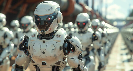 Several white robots are lined up in a row, standing still and in formation.