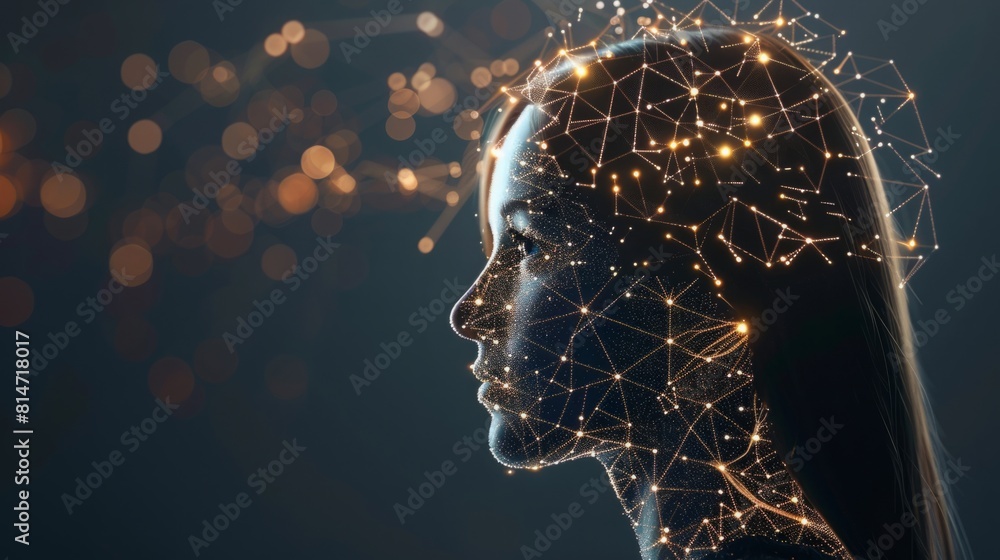 Poster a womans head is covered in intricate lines and glowing lights, creating a mesmerizing display of pa