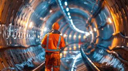Tunnel construction scene with worker in reflective gear using equipment.