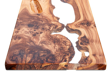 Live edge elm burl slab table top with central epoxy resin river on white background, combining...