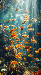 School of vibrant fish in a sunlit coral reef, great for wildlife and environmental documentaries. World Ocean Day.