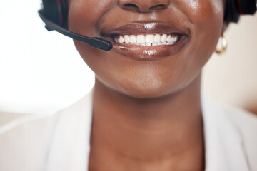Mouth, person and smile with headphones while working for call center or customer service in...
