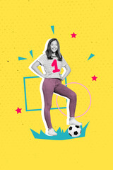 Vertical composite collage image picture of black white effect girl football isolated on creative...