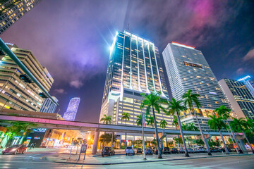 Miami, FL - February 23, 2016: City lights and Downtown Miami Skyscrapers