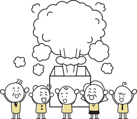 煙が噴き出す大きな箱の前で喜ぶ人々