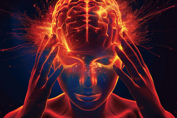 Migraine headache which is causing severe suffering in the brain, felt as a throbbing pain to the head or optical flashes in the eyes, stock illustration image