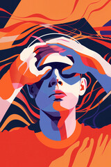 Migraine headache which is causing severe suffering in the brain, felt as a throbbing pain to the head or optical flashes in the eyes, stock illustration image
