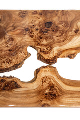 Live edge elm burl slab table top with central epoxy resin river on white background, top view of...