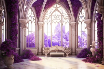 Elegant gothic-style interior overlooking a mystical purple garden with lavish blooms and a vintage bench