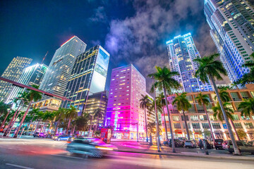 Downtown Miami buildings and skyscrapers at night from Biscayne Boulevard