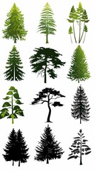 A collection of different types of trees. The trees are in different shades of green and black, and they have different shapes and sizes. The trees are all in a forest setting.