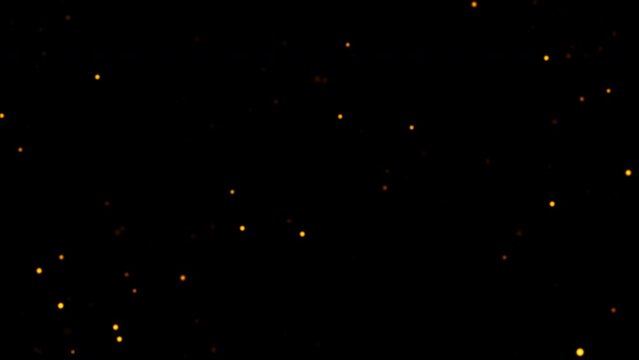 Abstract loop animation flickering glow orange gold bokeh bubble particles flow on black background. 4K 3D seamless looping orange bokeh particles dust fly in the air.