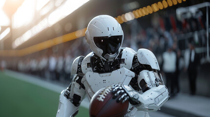 Fototapeta premium A robot dressed in football gear holds a ball, ready to play at a stadium during dusk.