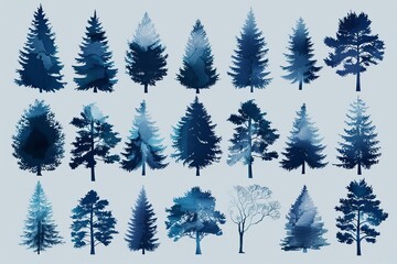 A collection of watercolor pine trees in various shades of blue. The trees are all different heights and have different shapes. The background is a light blue-gray color.