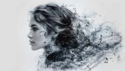 Abstract female profile with musical notes and sheet music elements, ink drawing, white background, double exposure, splattered paint effect, concept art.