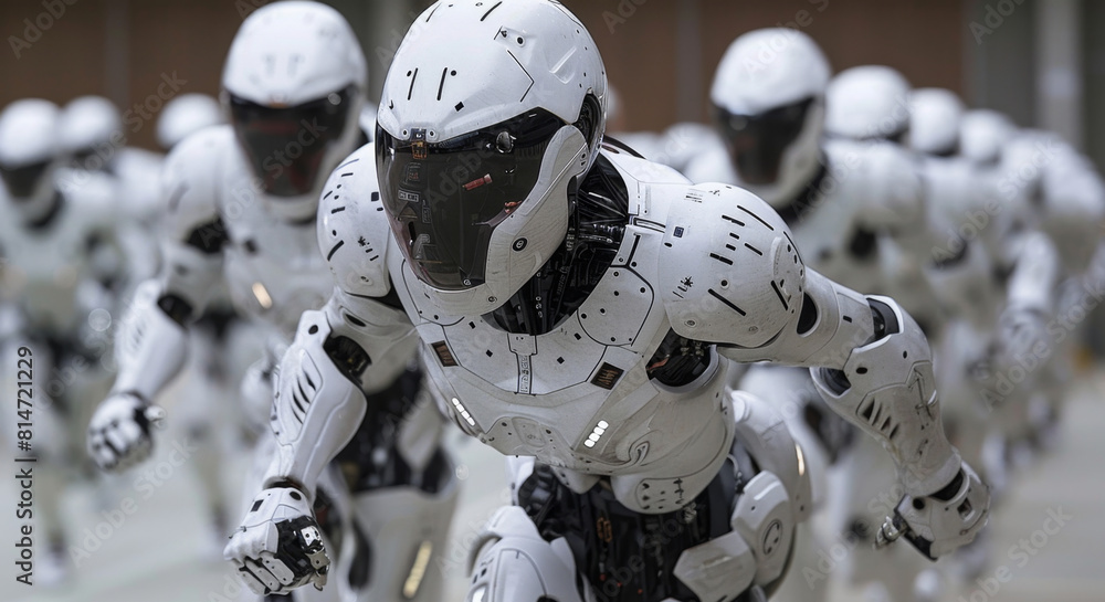 Poster A fleet of humanoid robots racing down an indoor track, showcasing advanced robotics.