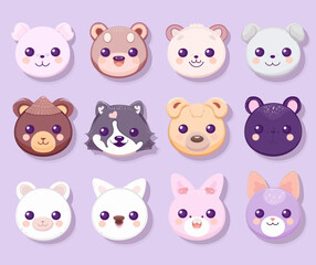 a bunch of different animal faces on a purple background