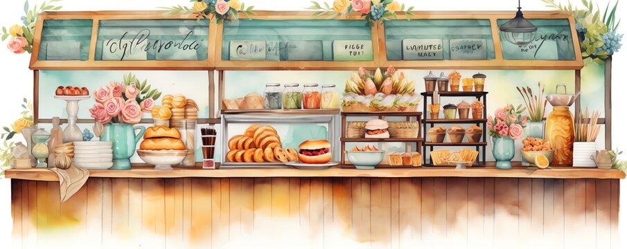 Bakery illustration flat design top view coffee shop theme water color vivid