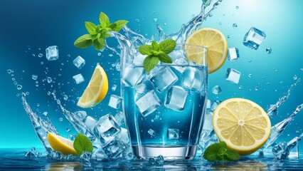 Mojito with ice cubes, lemon and mint on blue background