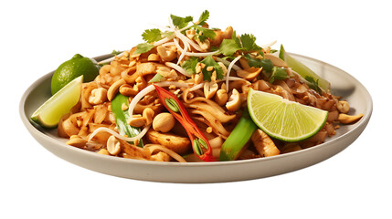 A vegetable pad Thai with peanuts and lime wedges on the side and a transparent background.