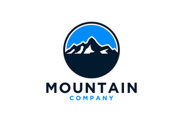 Rocky mountain peak logo design, Mountain hill business company outdoor vector illustration.