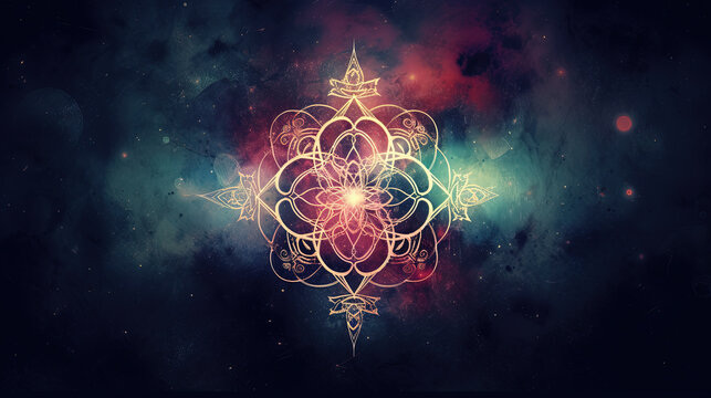 Ornate astral symbol. Cosmic backdrop.
