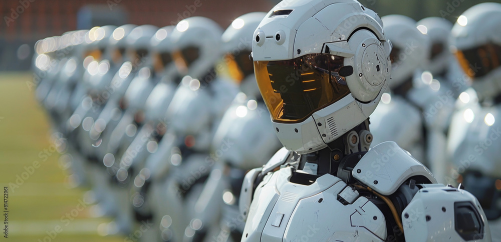 Poster Several white robots are lined up in a row, standing still and facing the same direction in a uniform manner.