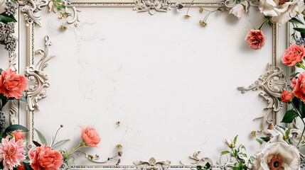 Design a breathtaking image with an ornate frame, set against a pure white background, and embellished with stunning flowers along the borders.