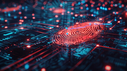A red digital fingerprint with blue dots is displayed in the foreground against an abstract black background, surrounded by technical drawings and lines of code. 