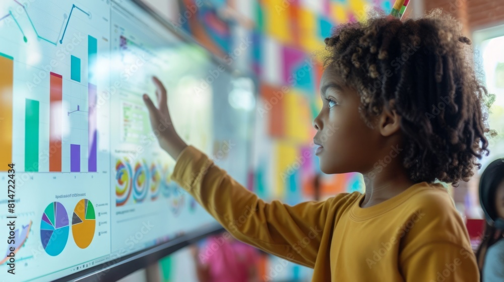 Poster a girl is pointing at a board displaying various graphs, analyzing data and trends.