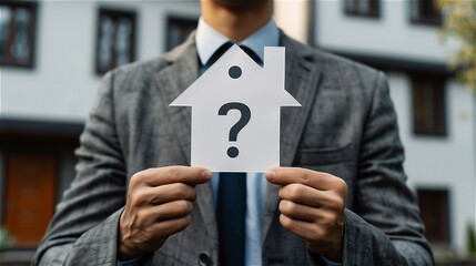 Real estate agent holding up an icon of a house with a question mark on it