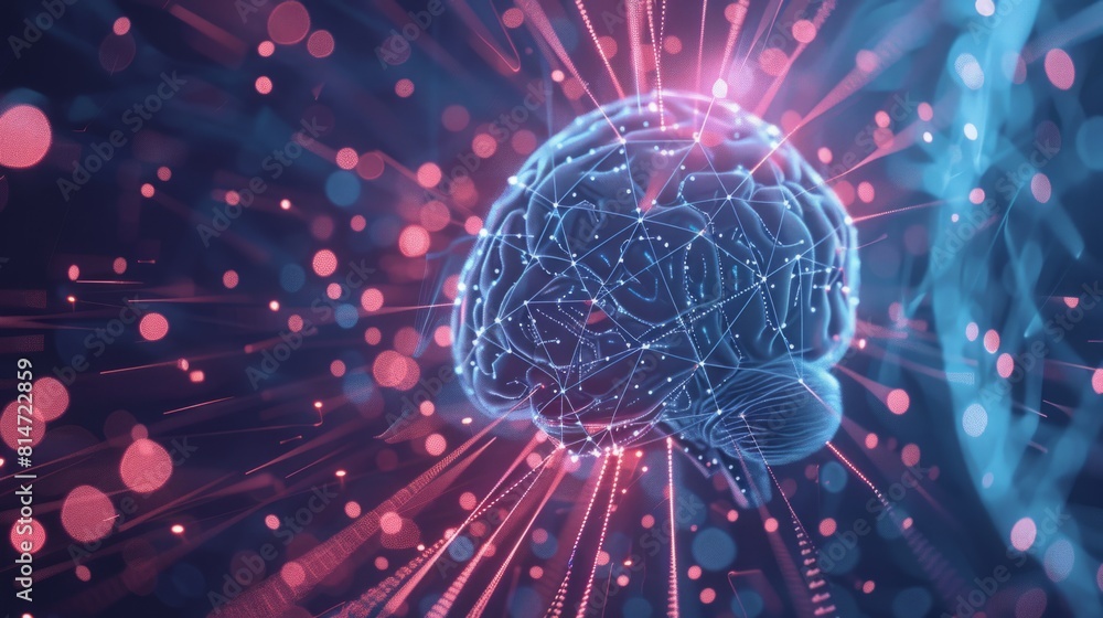 Poster a brain in the center of the image, surrounded by numerous dots in various sizes, representing neura